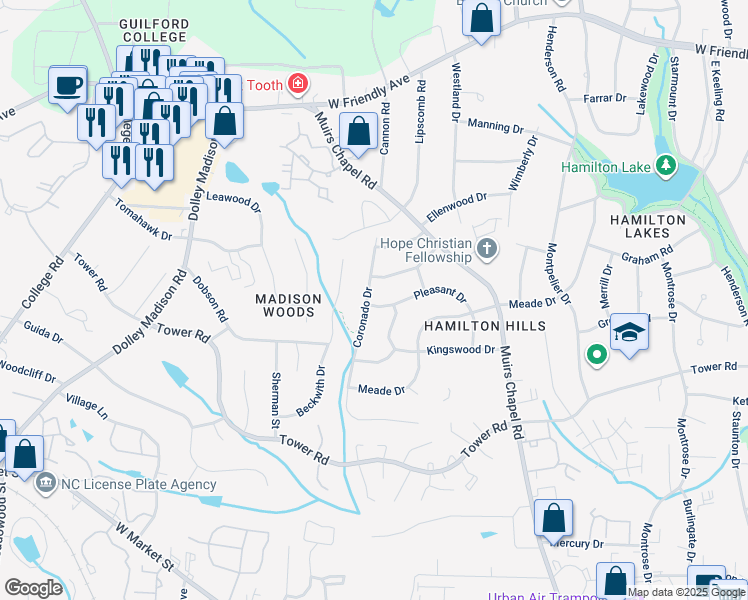 map of restaurants, bars, coffee shops, grocery stores, and more near 804 Pleasant Drive in Greensboro