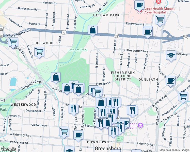 map of restaurants, bars, coffee shops, grocery stores, and more near 815 North Eugene Street in Greensboro