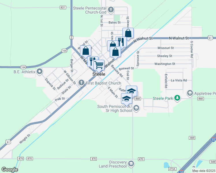 map of restaurants, bars, coffee shops, grocery stores, and more near 100 North Locust Street in Steele