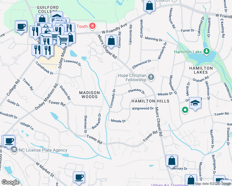 map of restaurants, bars, coffee shops, grocery stores, and more near 804 Pleasant Drive in Greensboro