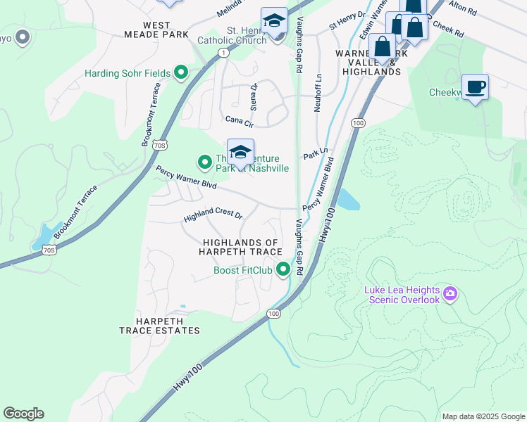 map of restaurants, bars, coffee shops, grocery stores, and more near 834 Percy Warner Boulevard in Nashville