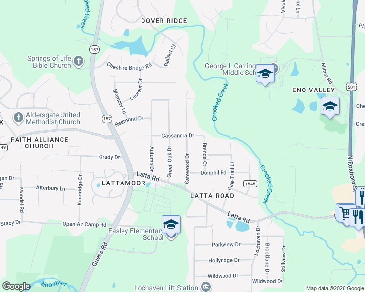 map of restaurants, bars, coffee shops, grocery stores, and more near 5033 Gatewood Drive in Durham