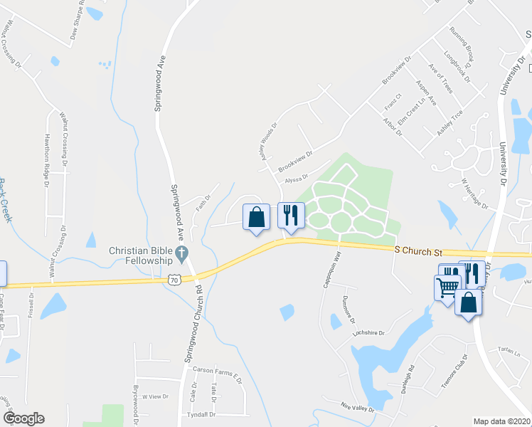 map of restaurants, bars, coffee shops, grocery stores, and more near 340 Faith Drive in Gibsonville