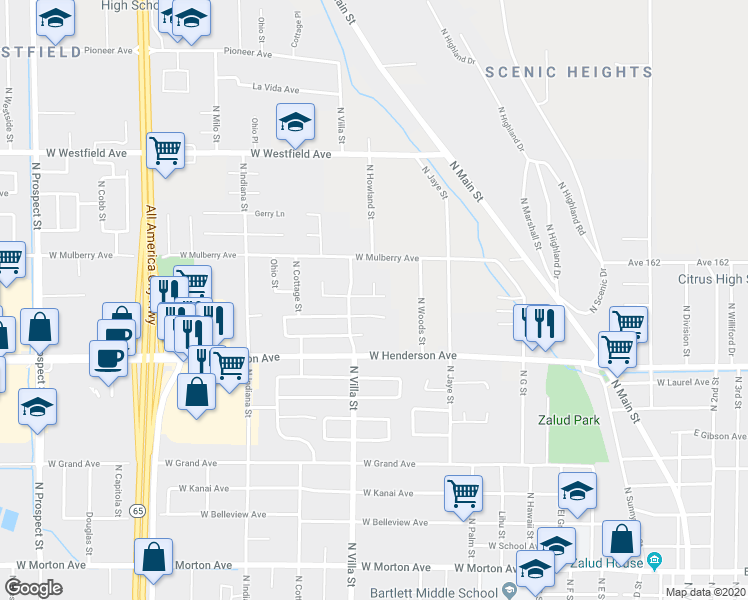 map of restaurants, bars, coffee shops, grocery stores, and more near 553 East Bel Aire Lane in Porterville