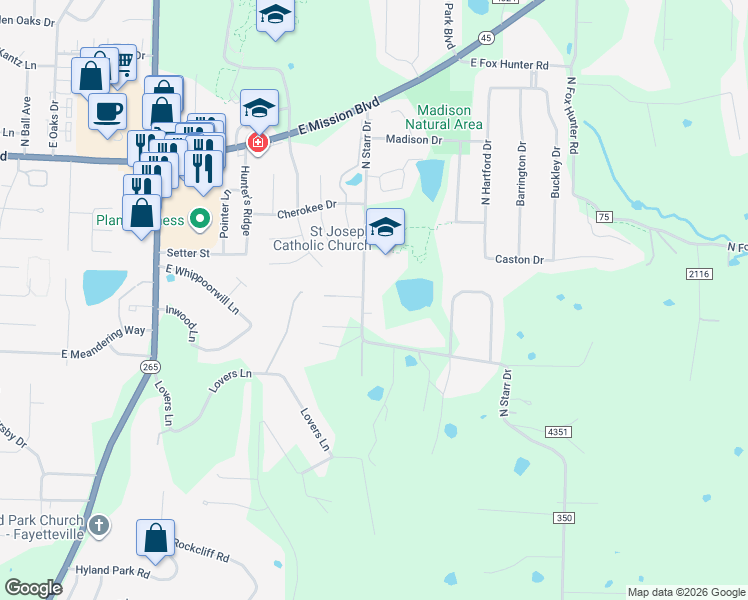 map of restaurants, bars, coffee shops, grocery stores, and more near 1630 North Starr Drive in Fayetteville