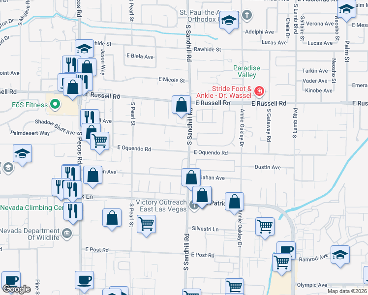 map of restaurants, bars, coffee shops, grocery stores, and more near 5881 South Sandhill Road in Las Vegas