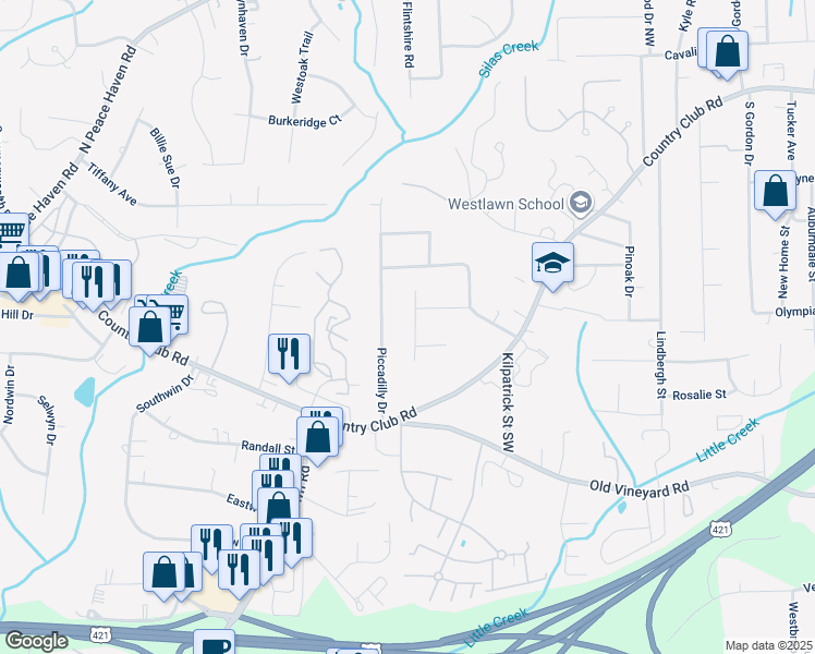 map of restaurants, bars, coffee shops, grocery stores, and more near 212 Kerrybrook Lane in Winston-Salem