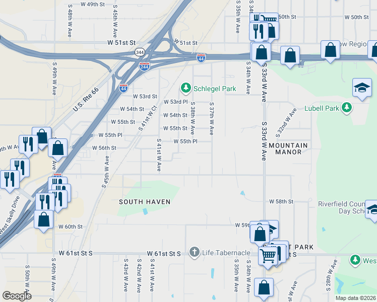 map of restaurants, bars, coffee shops, grocery stores, and more near 3905 West 56th Street in Tulsa