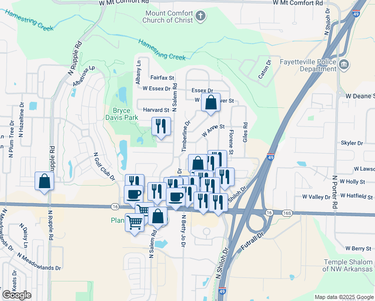 map of restaurants, bars, coffee shops, grocery stores, and more near 1456 Timberline Drive in Fayetteville