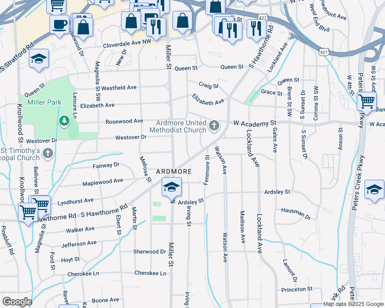 map of restaurants, bars, coffee shops, grocery stores, and more near 720 South Hawthorne Road in Winston-Salem