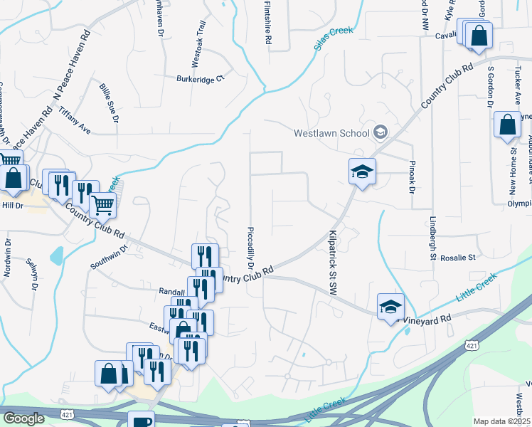 map of restaurants, bars, coffee shops, grocery stores, and more near 212 Kerrybrook Lane in Winston-Salem