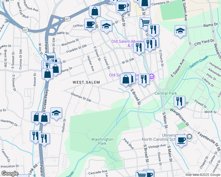 map of restaurants, bars, coffee shops, grocery stores, and more near 911 Walnut Street Southwest in Winston-Salem