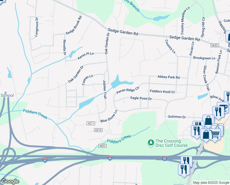 map of restaurants, bars, coffee shops, grocery stores, and more near 728 Pecan Ridge Circle in Kernersville