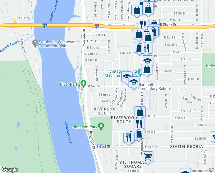 map of restaurants, bars, coffee shops, grocery stores, and more near 540 East 56th Street in Tulsa