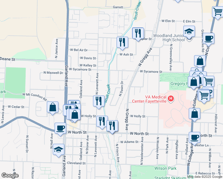 map of restaurants, bars, coffee shops, grocery stores, and more near 1501 North Bernice Drive in Fayetteville