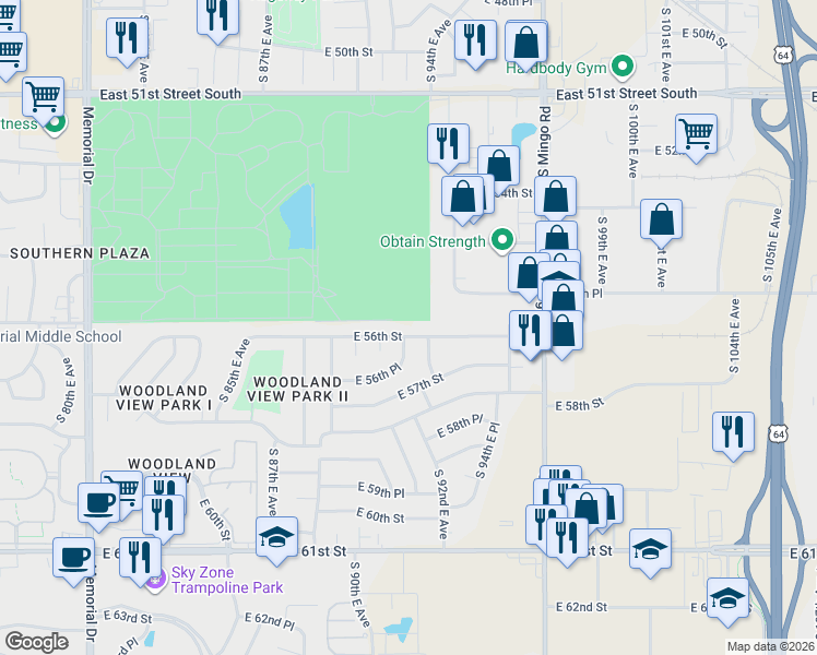 map of restaurants, bars, coffee shops, grocery stores, and more near 9207 E 56th St in Tulsa