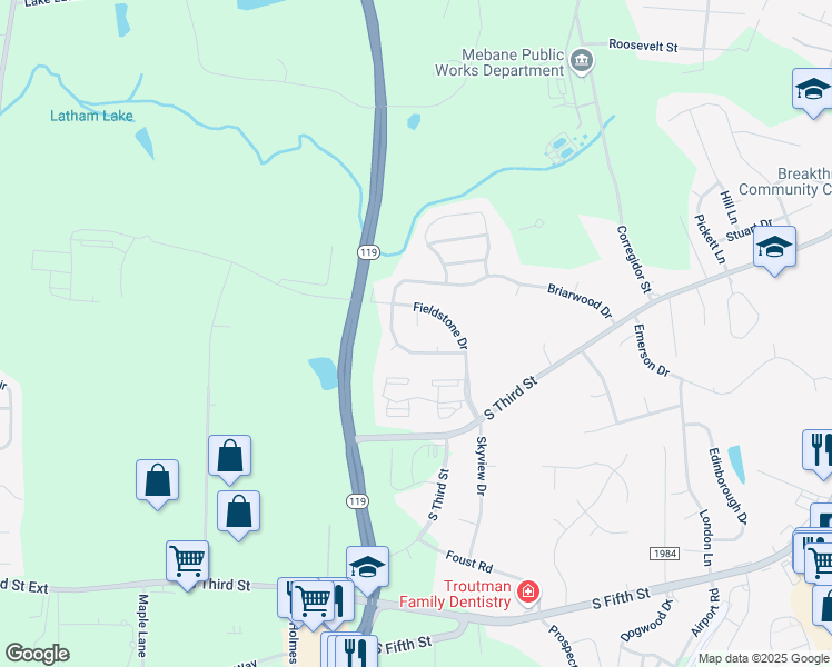 map of restaurants, bars, coffee shops, grocery stores, and more near 1110 Coquina Court in Mebane