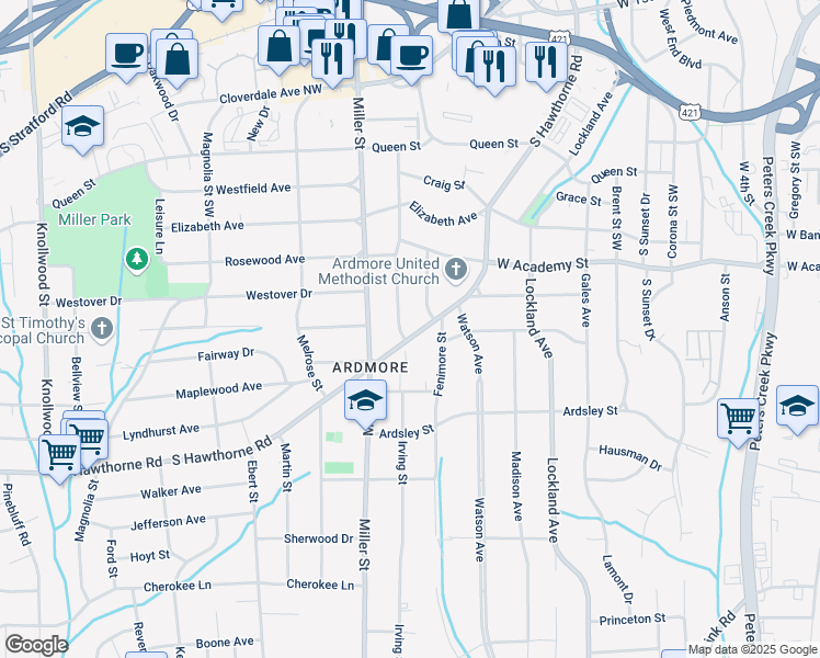 map of restaurants, bars, coffee shops, grocery stores, and more near 720 South Hawthorne Road in Winston-Salem