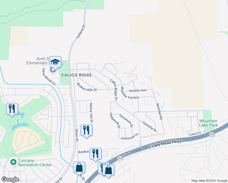 map of restaurants, bars, coffee shops, grocery stores, and more near 1112 Calico Ridge Drive in Henderson