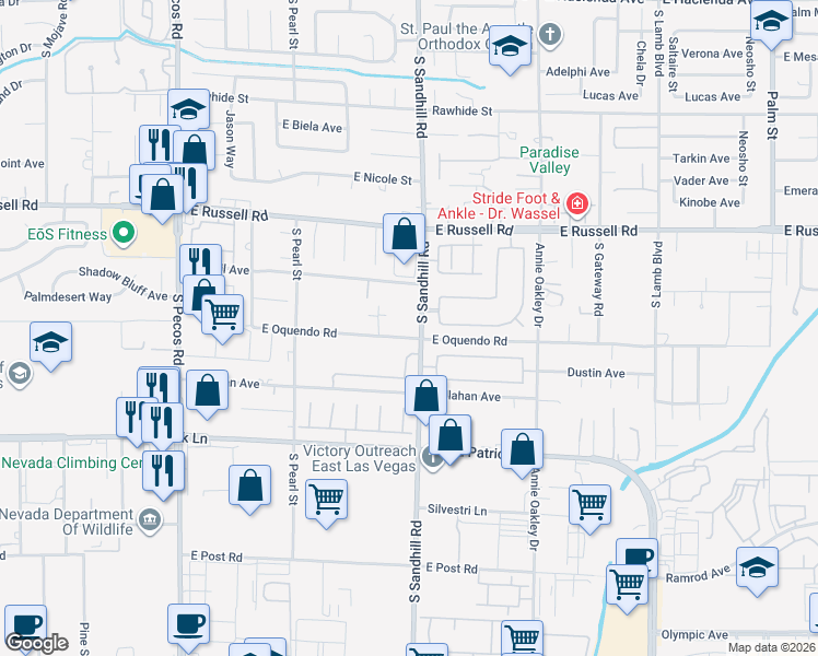 map of restaurants, bars, coffee shops, grocery stores, and more near 5881 South Sandhill Road in Las Vegas