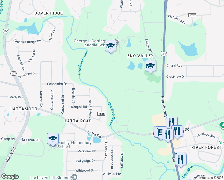 map of restaurants, bars, coffee shops, grocery stores, and more near 306 Oak Hill Drive in Durham