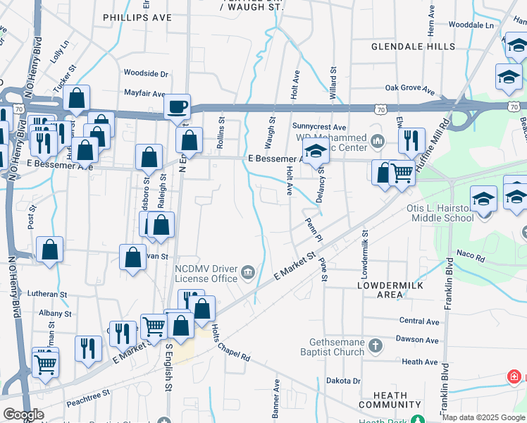 map of restaurants, bars, coffee shops, grocery stores, and more near 3326 Beck Street in Greensboro
