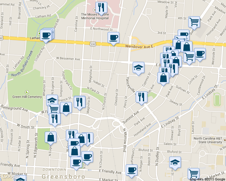 map of restaurants, bars, coffee shops, grocery stores, and more near 705 Chestnut Street in Greensboro