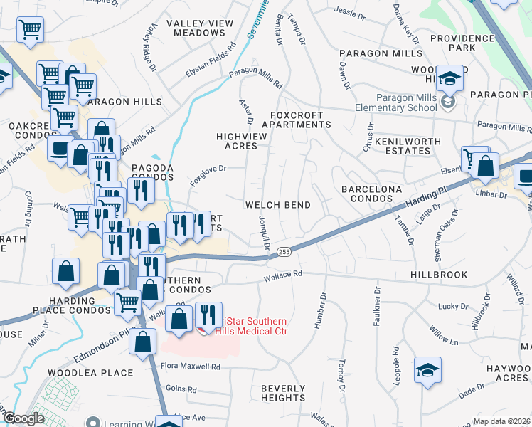 map of restaurants, bars, coffee shops, grocery stores, and more near 4904 Jonquil Drive in Nashville