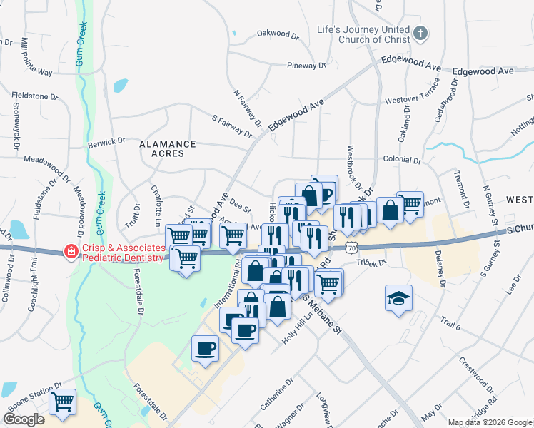 map of restaurants, bars, coffee shops, grocery stores, and more near 2515 Hickory Avenue in Burlington