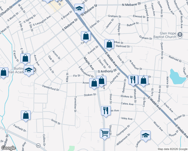 map of restaurants, bars, coffee shops, grocery stores, and more near 1115 Maple Avenue in Burlington