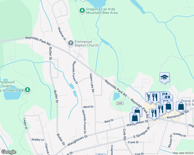 map of restaurants, bars, coffee shops, grocery stores, and more near 2818 Reynolds Park Road in Winston-Salem