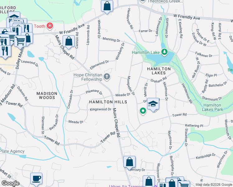 map of restaurants, bars, coffee shops, grocery stores, and more near 903 Meade Drive in Greensboro