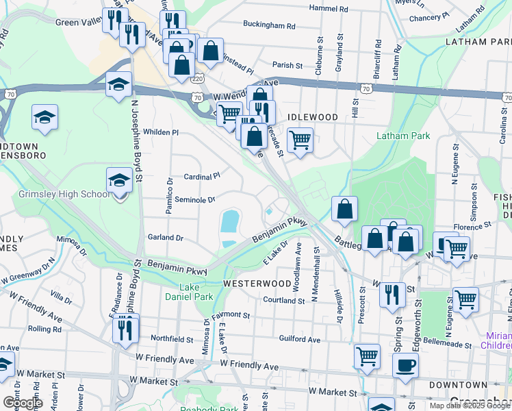 map of restaurants, bars, coffee shops, grocery stores, and more near 1319 Seminole Drive in Greensboro