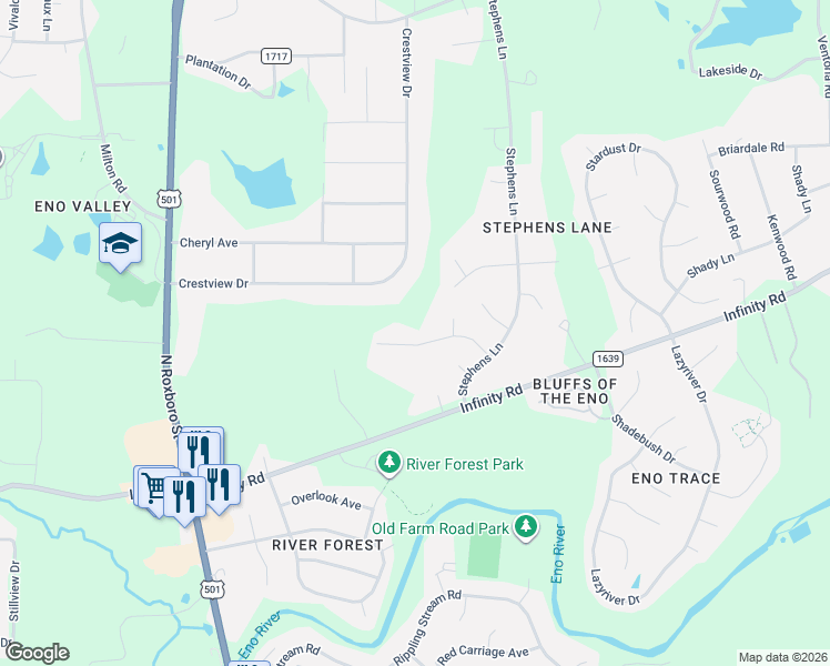 map of restaurants, bars, coffee shops, grocery stores, and more near 511 Grist Mill Lane in Durham