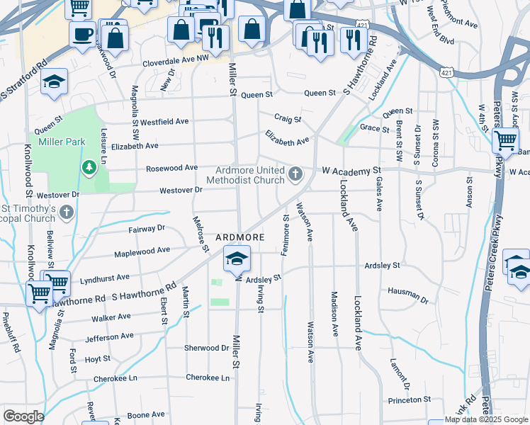 map of restaurants, bars, coffee shops, grocery stores, and more near 720 South Hawthorne Road in Winston-Salem