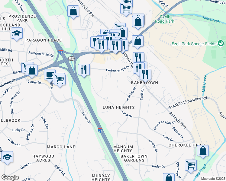 map of restaurants, bars, coffee shops, grocery stores, and more near 317 Josam Drive in Nashville