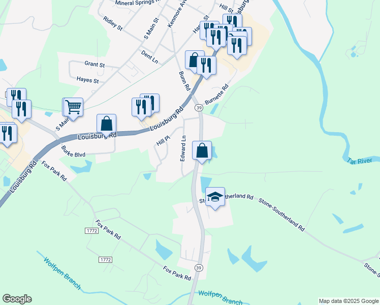 map of restaurants, bars, coffee shops, grocery stores, and more near 307 Edward Lane in Louisburg