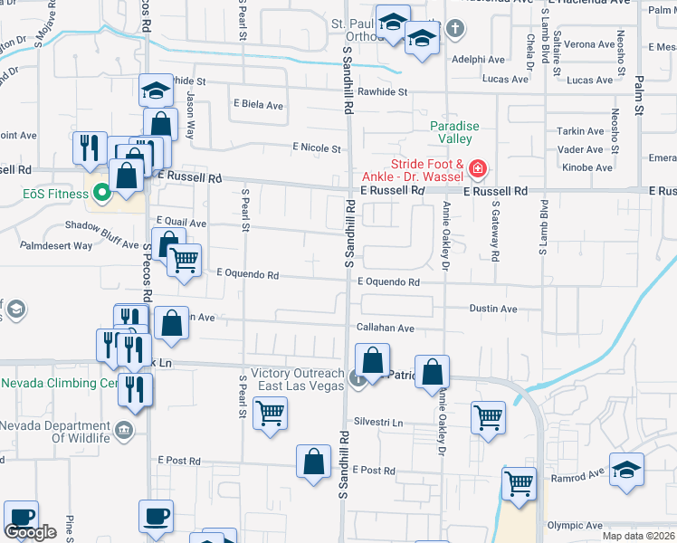 map of restaurants, bars, coffee shops, grocery stores, and more near 5881 South Sandhill Road in Las Vegas