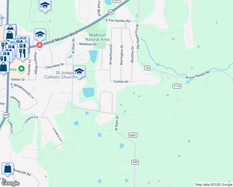 map of restaurants, bars, coffee shops, grocery stores, and more near 1116 Huntington Drive in Fayetteville