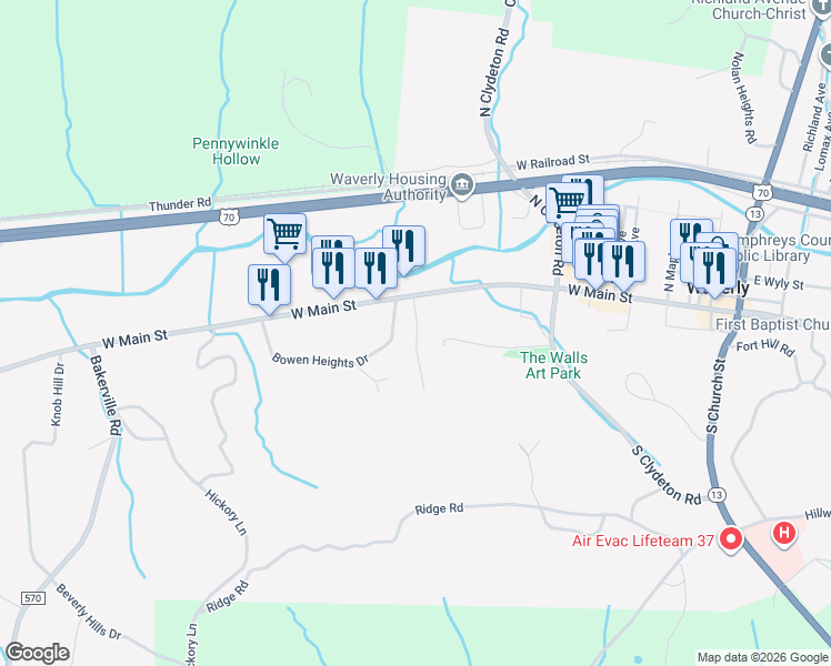 map of restaurants, bars, coffee shops, grocery stores, and more near 112 Collier Avenue in Waverly