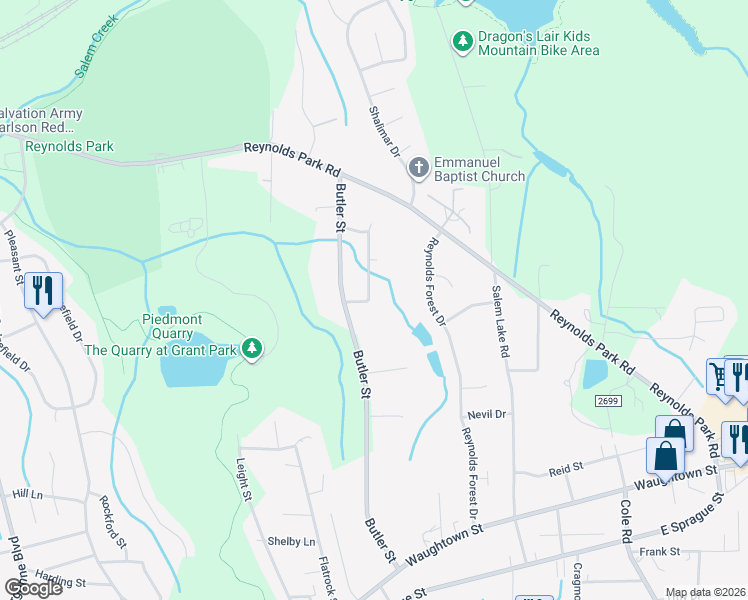 map of restaurants, bars, coffee shops, grocery stores, and more near 1269 Stonefield Crossing Court in Winston-Salem