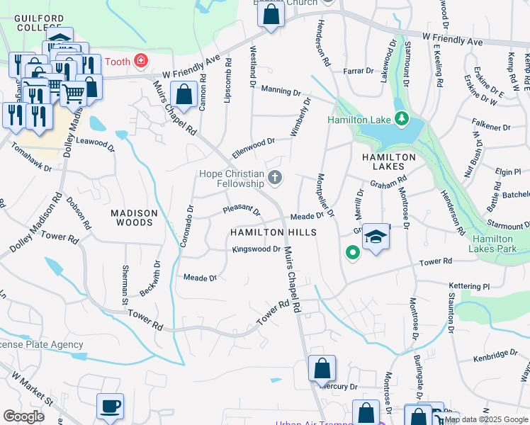 map of restaurants, bars, coffee shops, grocery stores, and more near 602 Pleasant Drive in Greensboro