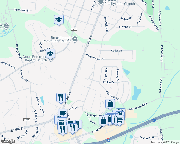 map of restaurants, bars, coffee shops, grocery stores, and more near 708 Buena Vista Road in Mebane