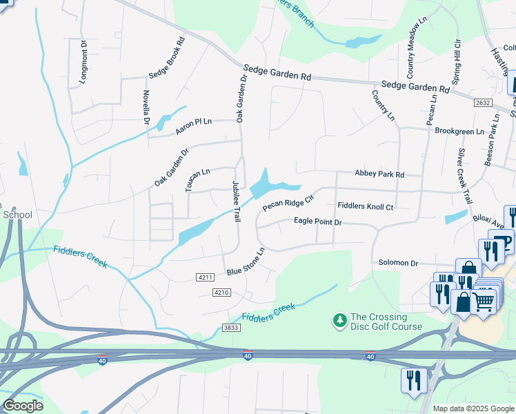 map of restaurants, bars, coffee shops, grocery stores, and more near 728 Pecan Ridge Circle in Kernersville