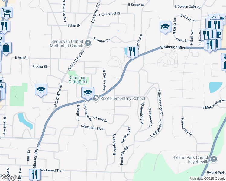 map of restaurants, bars, coffee shops, grocery stores, and more near 1625 East Mission Boulevard in Fayetteville