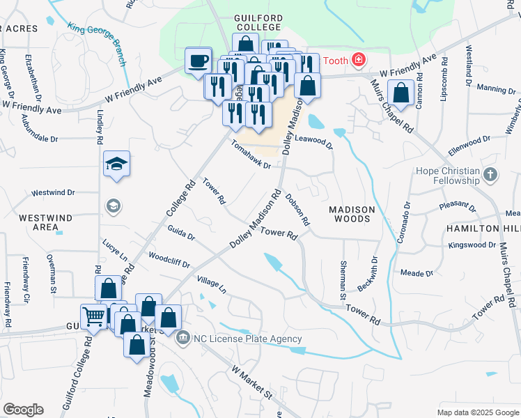 map of restaurants, bars, coffee shops, grocery stores, and more near 306 Tower Lane in Greensboro