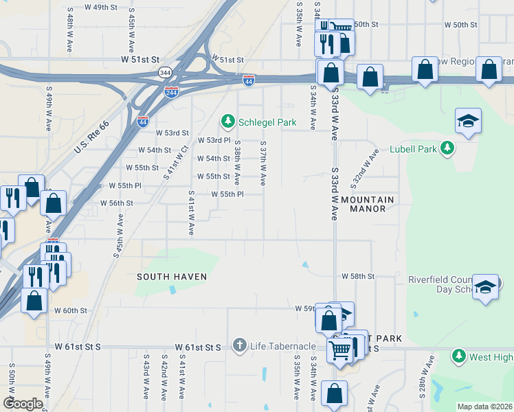 map of restaurants, bars, coffee shops, grocery stores, and more near 3707 West 56th Street in Tulsa
