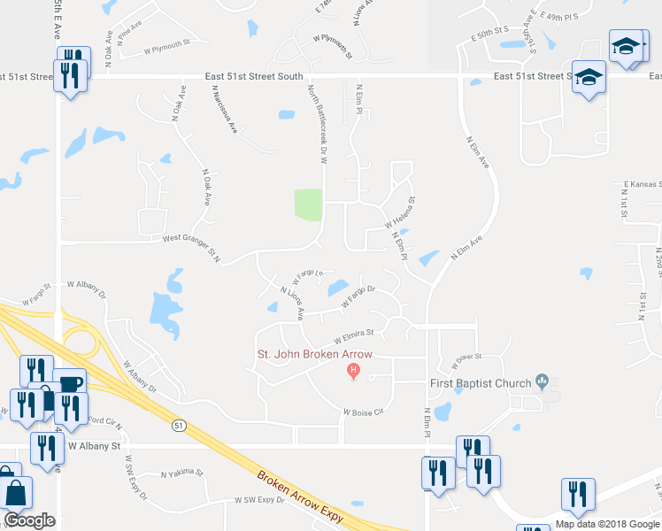 map of restaurants, bars, coffee shops, grocery stores, and more near 1012 West Fargo Lane in Broken Arrow