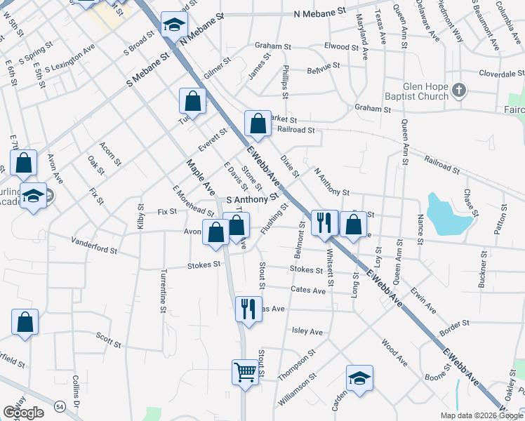 map of restaurants, bars, coffee shops, grocery stores, and more near 204 South Anthony Street in Burlington