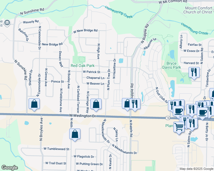 map of restaurants, bars, coffee shops, grocery stores, and more near 1407 N Plum Tree Dr in Fayetteville